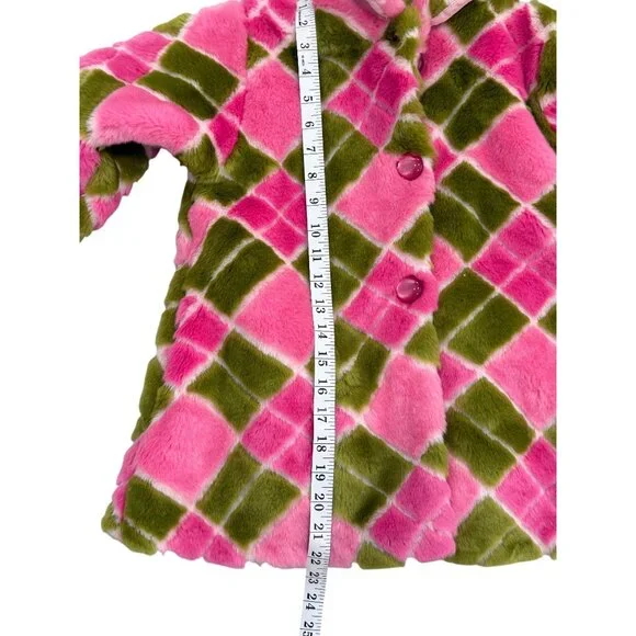 Corky & Company Girls Coat Pink Green Button-Up Jacket Argyle Faux Fur Size 4 - Picture 7 of 7